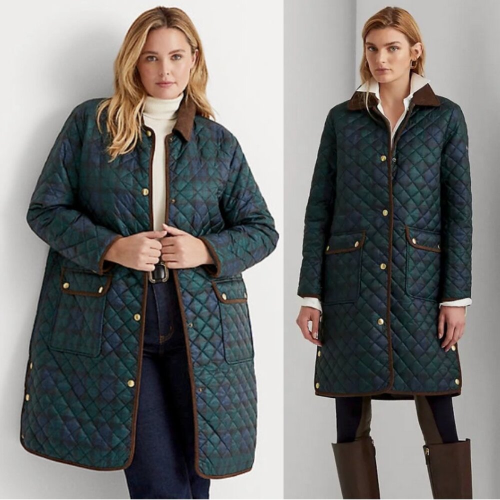 LAUREN RALPH LAUREN Plaid Diamond-Quilted A-Line Jacket Blackwatch Size 2X